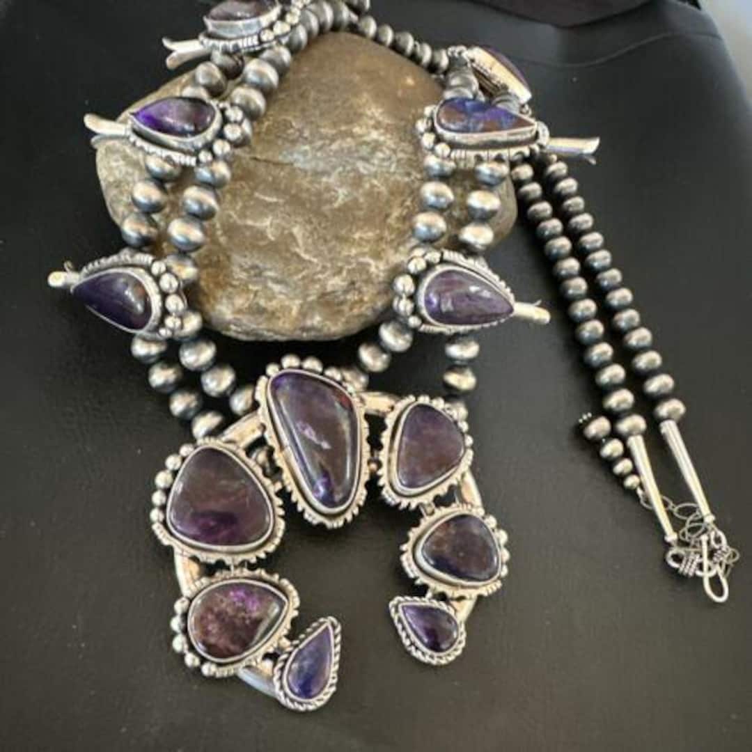 【売り切り】〜12/15値下げスカッシュブロッサム　ペンダント ナバホ スカッシュ ブロッサム ネックレス、パープル スギライト