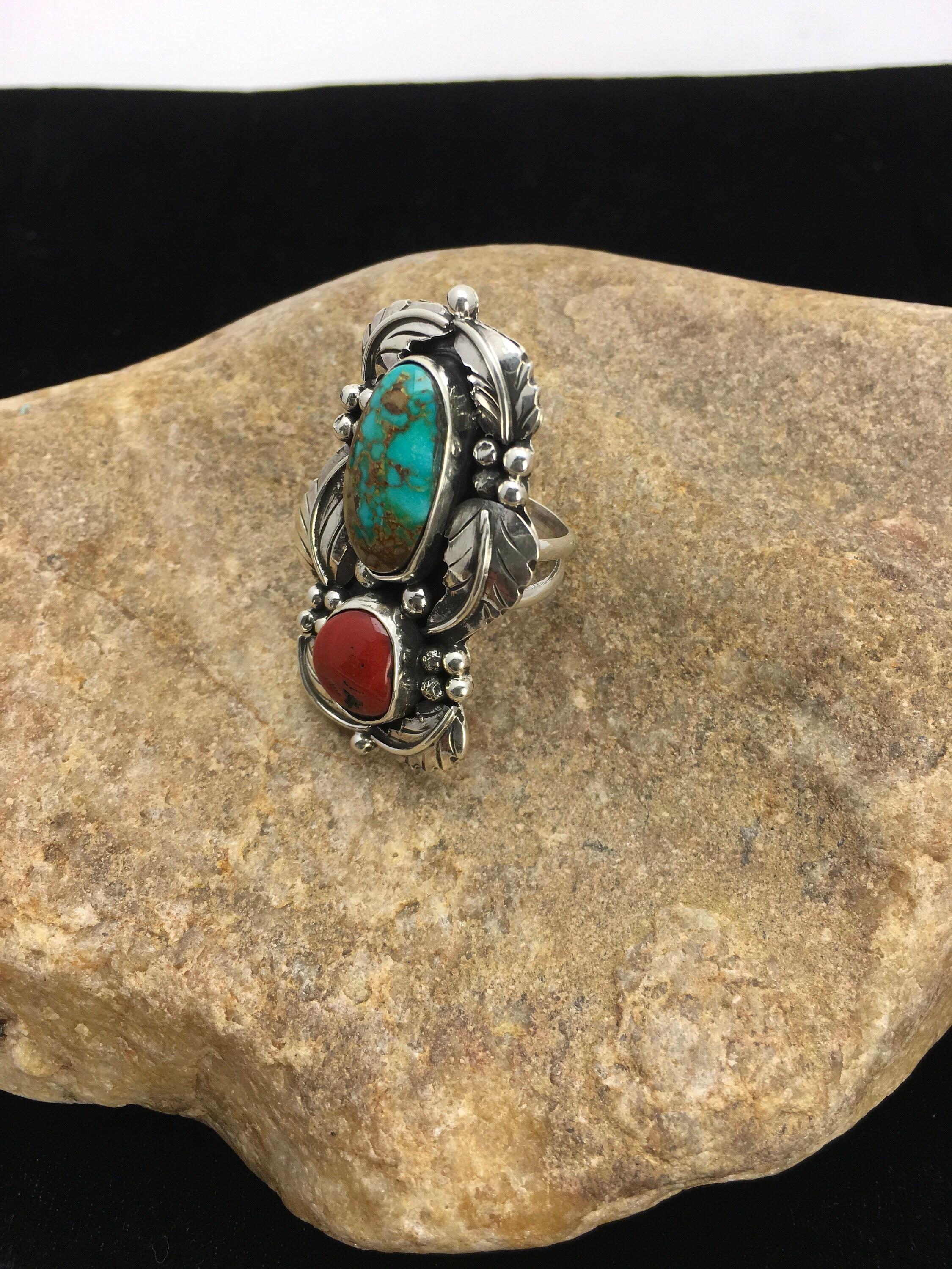 Native American Sterling Silver Navajo Ring Hand Made Ring Coral