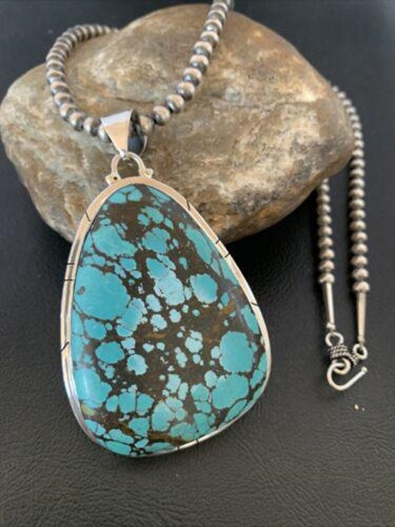 Men's Navajo Pearl Necklace With Blue Spiderweb Turquoise Pendant
