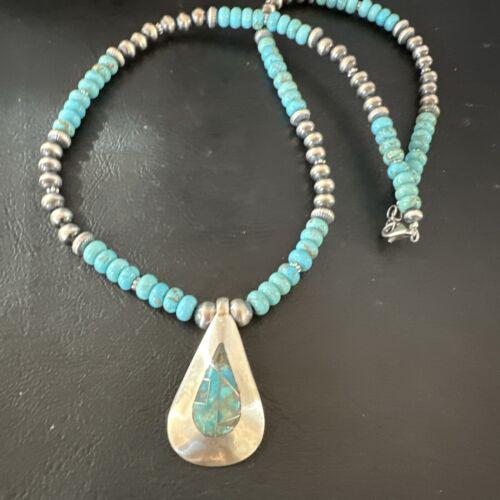 ナバホ族 ブルースパイダーウェブターコイズインレイペンダント