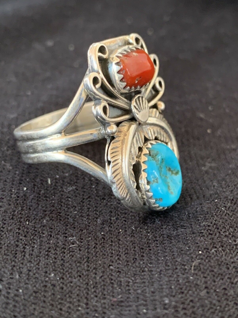 Native American Navajo Kingman Turquoise Coral Ring Sterling Silver Size 14
