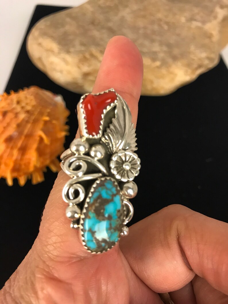 Native American Indian Jewelry Sterling Silver Turquoise Coral Ring Size 8