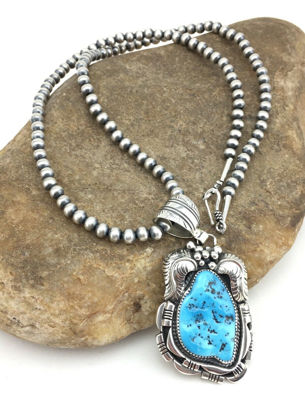 Item #1033Z- Navajo 7ct Blue Gem Turquoise Textured Dangle Spoons Sterling Silver  Beaded Necklace by EM Teller —Men's and Women's Turquoise Necklaces ~  Native American Necklaces