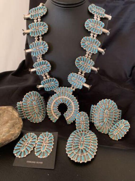 Navajo Blue Turquoise Squash Blossom Necklace | Sterling