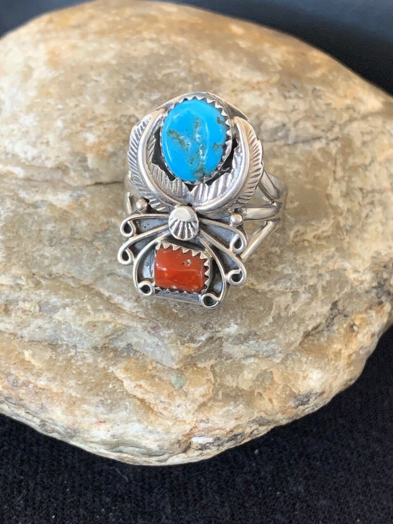 Native American Navajo Kingman Turquoise Coral Ring Sterling Silver Size 14