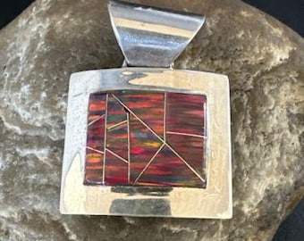 Men's Women's Red Opal Inlay Pendant | Navajo Sterling Silver | Authentic Native American Handmade | 15182