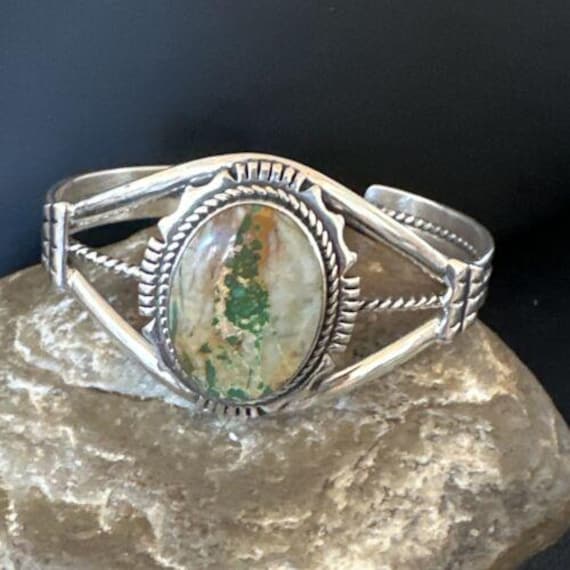 Navajo Green Boulder Turquoise Cuff Bracelet Sterling Silver