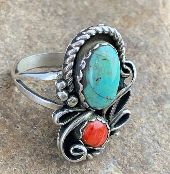 Mens Native American Sterling Silver Green Turquoise Spiny Oyster Ring Sz9.5 181