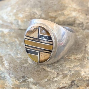 Men&#39;s Navajo Black Onyx & Tigers Eye Inlay Sterling Silver Ring | Sz 10 | Handmade Jewelry | 10730