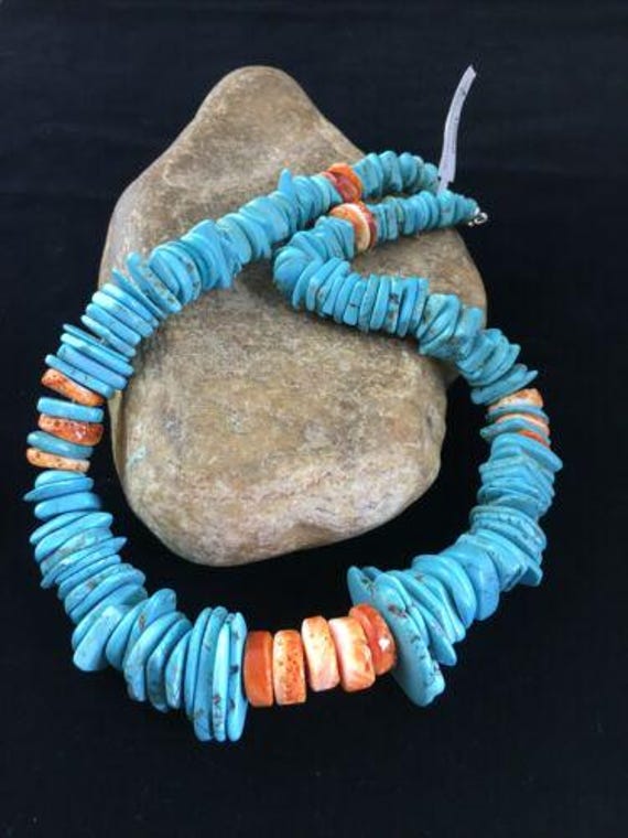 Navajo Natural Blue Turquoise Spiny Oyster Graduated Necklace