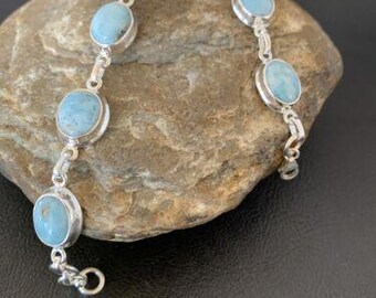 Navajo Blue Larimar 7-Link Bracelet | Sterling Silver | 7.5" | Authentic Native American Handmade | 10624
