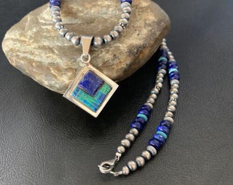 Men's Navajo Blue Lapis Turquoise Opal Inlay Pendant Necklace | Sterling Silver | 21" | 12607
