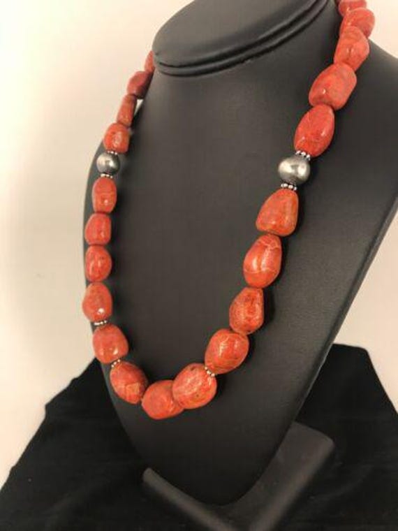 Navajo Apple Coral Sponge Bead Necklace Sterling Silver