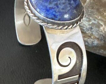 Navajo Blue Denim Lapis Sterling Silver Cuff Bracelet | Authentic Native American Handmade | 15982
