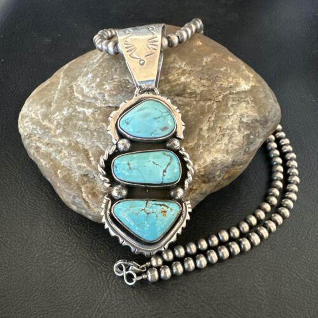 Navajo Blue Kingman Turquoise 3-stone Cluster Pendant | Sterling Navajo Blue Kingman Turquoise 3-stone Cluster Pendant | Sterling