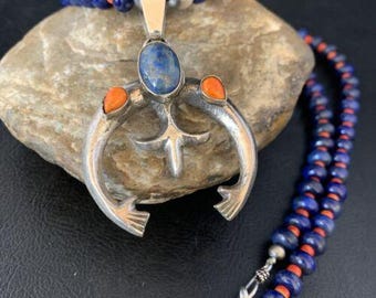 Navajo Blue Lapis Spiny Oyster Naja Pendant Necklace | Sterling Silver | Authentic Native American Handmade | 13706