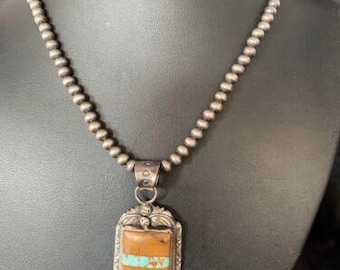 Colar masculino com pingente de turquesa azul | Prata de lei | Feito à mão por artesãos Navajo | 13767