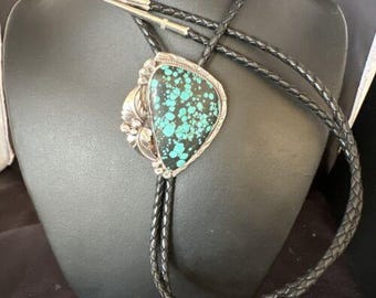 Men's Blue Spiderweb Turquoise Bolo Tie | Navajo Sterling Silver | Authentic Native American Handmade | 15011