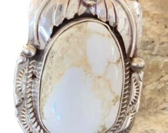Navajo White Buffalo Turquoise Ring | Sterling Silver | Sz 8 | Authentic Native American Handmade | 01961