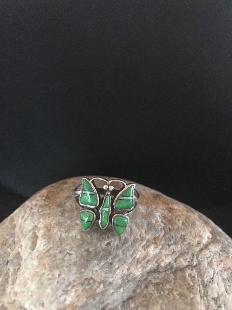 Native American Old Pawn Navajo Sterling Silver Butterfly Green Turquoise Opal Ring Sz 7