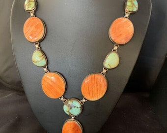 Lariat Necklace with Green Royston Turquoise & Spiny Oyster Pendant | Sterling Silver | 20" | Southwestern Handmade | 13888