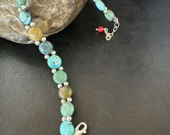 Women's Blue Turquoise Bead Bracelet | Southwestern Sterling Silver Link | 8" | 17570