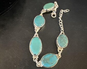 Navajo Blue Turquoise Link Bracelet | Sterling Silver | 8" | Authentic Native American Handmade | 15472