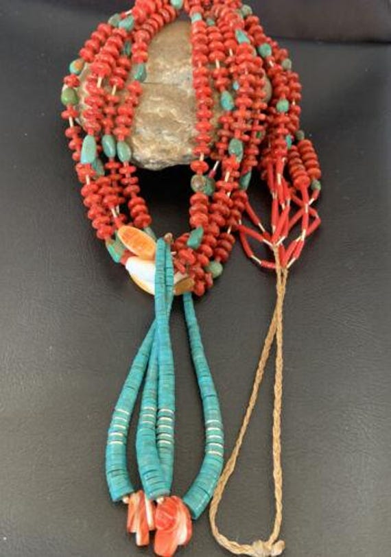 Native American Vibrant Vintage Santo Domingo 5 Strand Coral Sterling Silver Necklace Native American Vibrant Vintage Santo Domingo 5 Strand Coral Sterling Silver Necklace