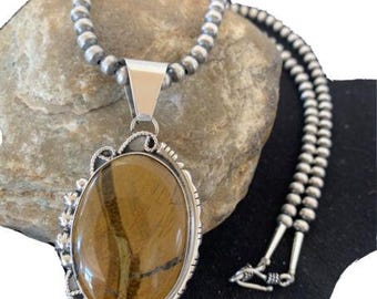 Men's Navajo Pearls Necklace | Sterling Silver | Coffee Tiger's Eye Pendant | Authentic Native American Handmade | 1541