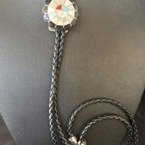 Men&#39;s Bolo Tie | Zuni Sunface Mother of Pearl Coral Turquoise Inlay | Sterling Silver | 14754