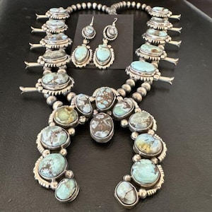 Navajo Blue Golden Hills turquoise pompoenbloesem ketting en oorbellen | Sterlingzilver | 17210