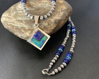 Men's Navajo Blue Lapis Turquoise Opal Inlay Pendant Necklace | Sterling Silver | 21" | 12608