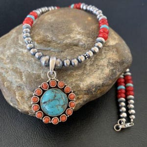Southwestern Navajo Multi-Stone Necklace | Turquoise Coral Pendant | Sterling Silver | 21&quot; | 12581