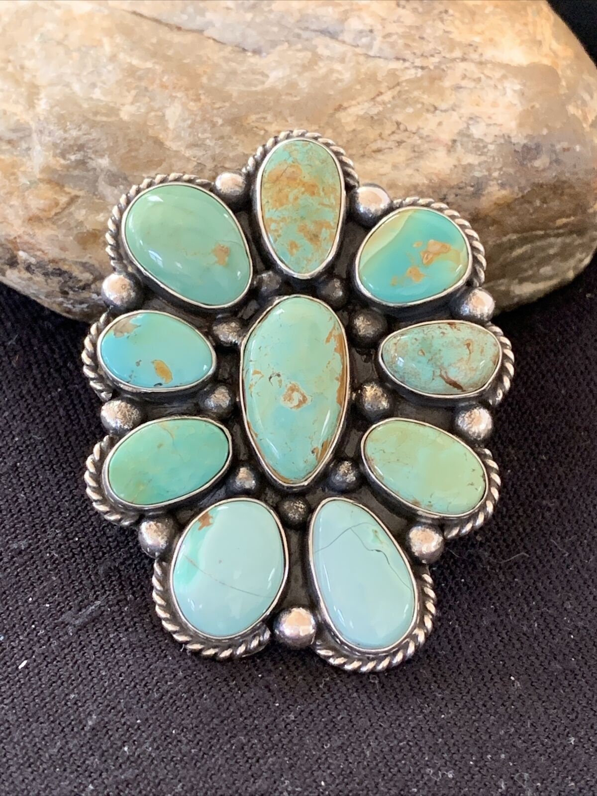 Begay Navajo Handmade Sterling Silver Cluster BLOCK Turquoise Ring Size 9.5 D 