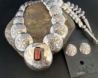 Navajo Red Coral Graduated Necklace | Sterling Silver Pillow Stamped | 18" | Authentic Native American Handmade | 15129