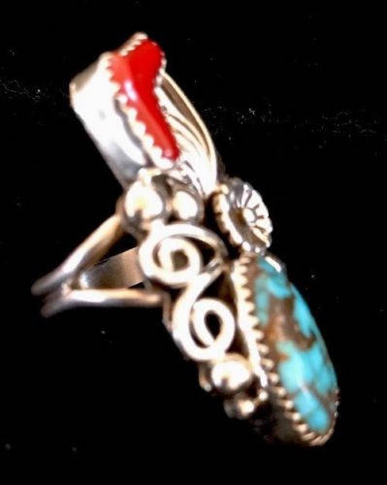 Native American Indian Jewelry Sterling Silver Turquoise Coral Ring Size 8