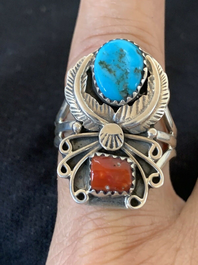 Native American Navajo Kingman Turquoise Coral Ring Sterling Silver Size 14
