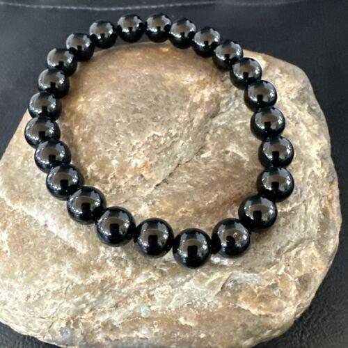 Black Onyx Bead Stretch Bracelet 7mm 7.5 Sterling Silver
