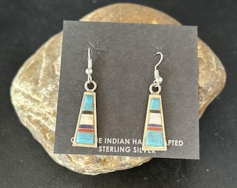 Navajo Multi-Color Turquoise Mother of Pearl Inlay Earrings | Sterling Silver | Authentic Native American Handmade | 14655
