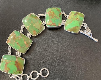 Green Mojave Turquoise Link Bracelet | Sterling Silver | 8" | Southwestern Handmade | 11644