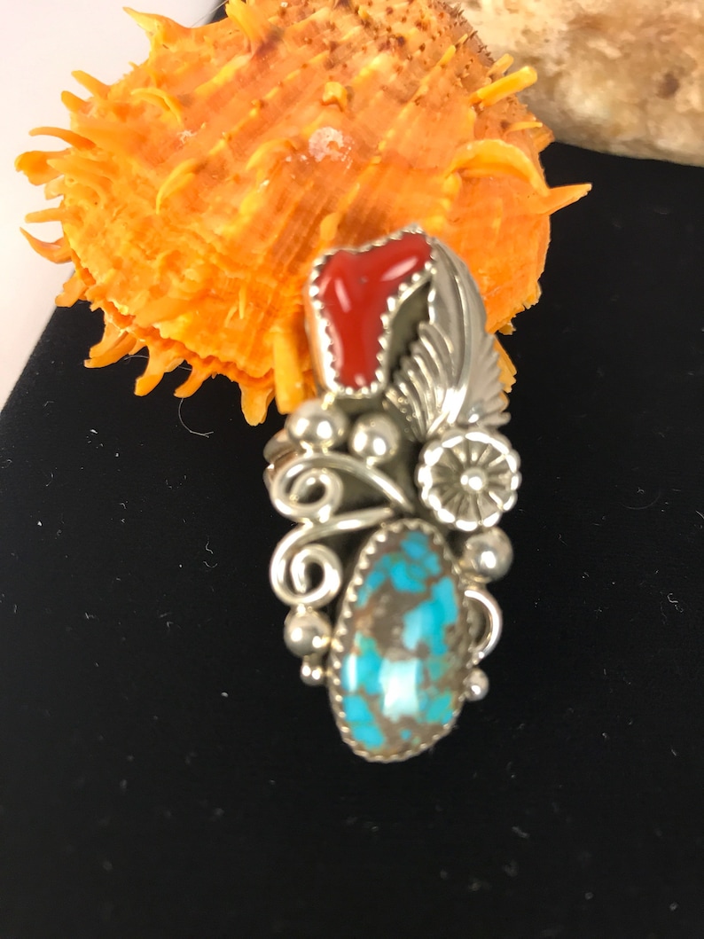 Native American Indian Jewelry Sterling Silver Turquoise Coral Ring Size 8