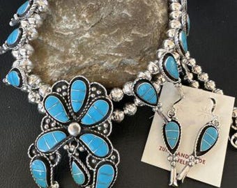 Zuni Kingman Turquoise Inlay Squash Blossom Necklace & Earrings | Sterling Silver | 16544