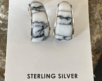 Navajo White Buffalo Turquoise Inlay Earrings | Sterling Silver Earrings | 0.5&quot; | 16742 | Stone Earrings|Women&#39;s Day Gift |Turquoise Jewelry