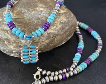 Blue Turquoise Sugilite Navajo Sterling Silver Necklace Pendant | Multi-Stone | 14644