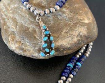 Navajo Men's Pendant | Blue Lapis Turquoise Opal Inlay | Sterling Silver Necklace | 22" | 13388