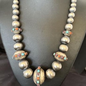 Turquoise Spiny Oyster Navajo Pearl Graduated Sterling Silver Necklace | 21&quot; | 16618