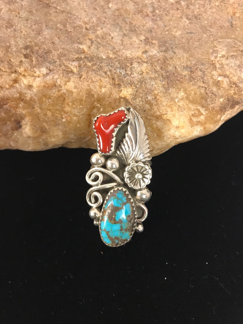 Native American Indian Jewelry Sterling Silver Turquoise Coral Ring Size 8