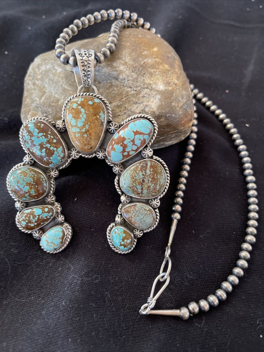 Pendentif Navajo Authentique En Argent Avec Turquoise Et Corail - Occasion - Pierre Bleue