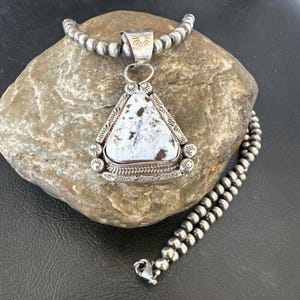 White Buffalo Turquoise Pendant | Navajo Pearls | Sterling Silver Necklace 21&quot; | 17110