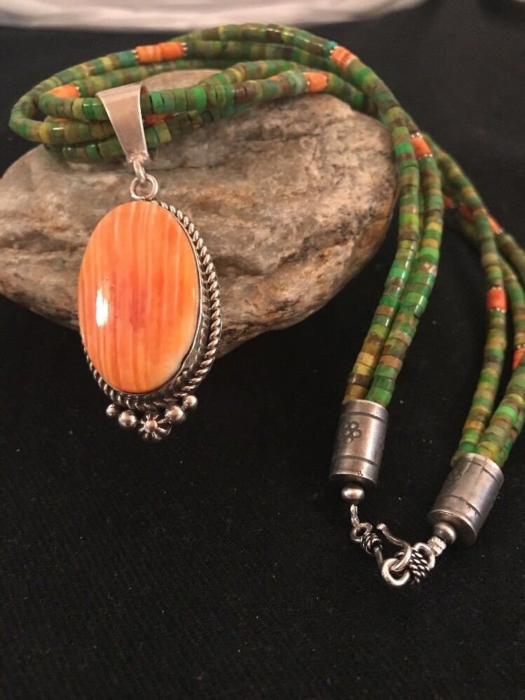 Navajo Pearls Green Turquoise Spiny Oyster Bead Necklace Sterling